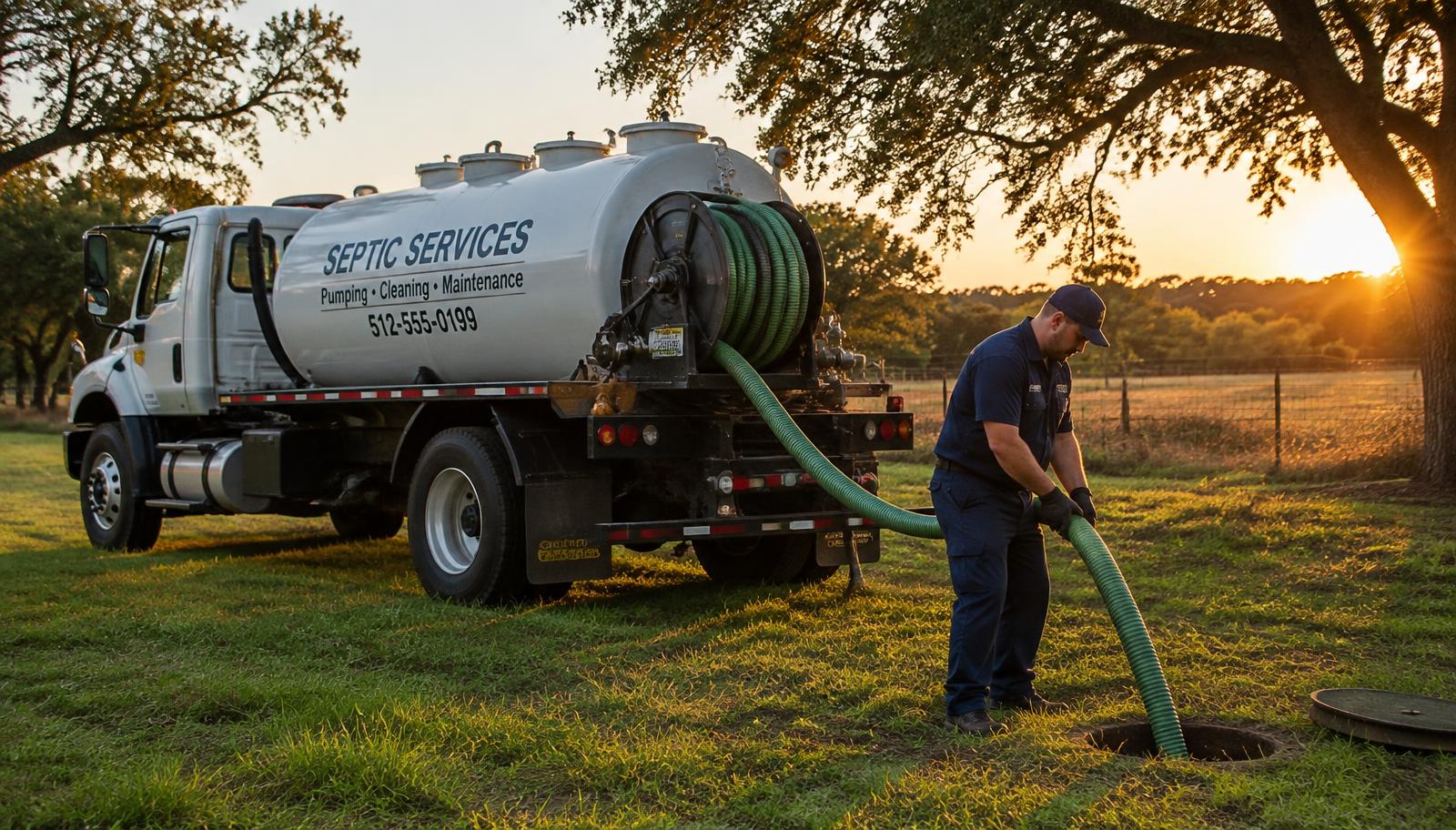 Septic pump truck servicing a tank on a rural Texas property